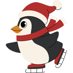 Cartoon Penguin Wearing Christmas Hat and Scarf Ice Skating During Winter Season Flat Design