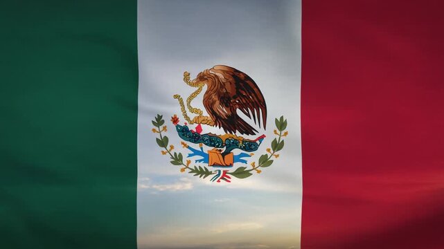 Waving Mexican flag with eagle icon and green, white, red colors symbolizes national country patriotism