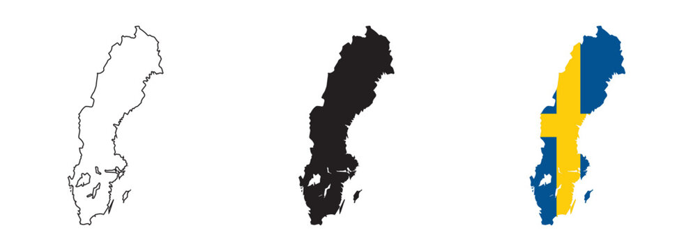 set of Sweden map designs &mdash; country outline, black silhouette, and national flag version with blue background and yellow cross, isolated on white background for geography, travel, education,