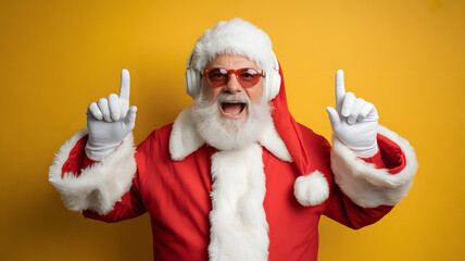 Santa Claus wearing headphones and sunglasses points upwards a fun and modern take on the classic Christmas character isolated on yellow background