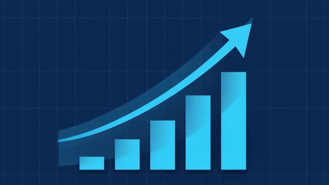 Animated blue bar graph showing consistent business growth and financial success with an upward trend arrow on dark background.