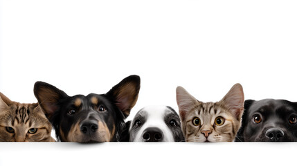 Obraz premium Cute Cats and Dogs Peeking Over White Edge on White Background