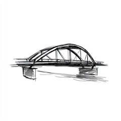 Black and white sketch of an arched bridge illustration on white background