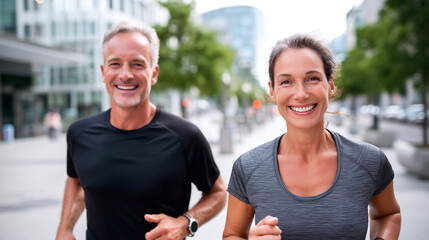 Active Middle Aged Couple Running Together in the City