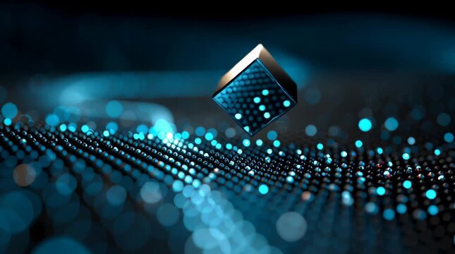 Quantum cube glowing blue light floating above dark surface with small reflective spheres and glowing dots creating futuristic mysterious atmosphere