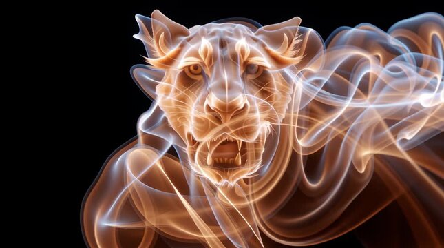 Roaring lion head formed by flowing smoke plume with black background lines creating dynamic fierce animal shape and powerful energy movement