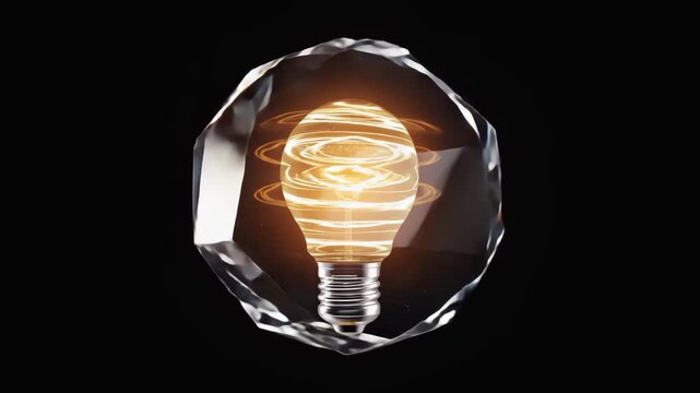 Brilliant glowing energy light bulb rotating inside a multifaceted crystal or diamond structure on a black background.
