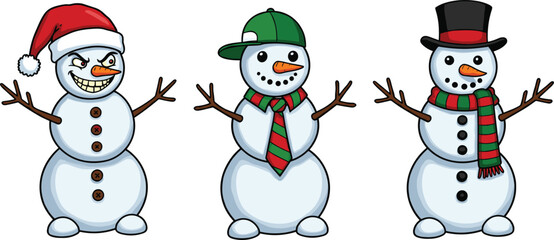 Cartoon snowmen characters with Santa hat, baseball cap, top hat, scarf, tie, winter holiday decoration, festive Christmas illustration, vector art