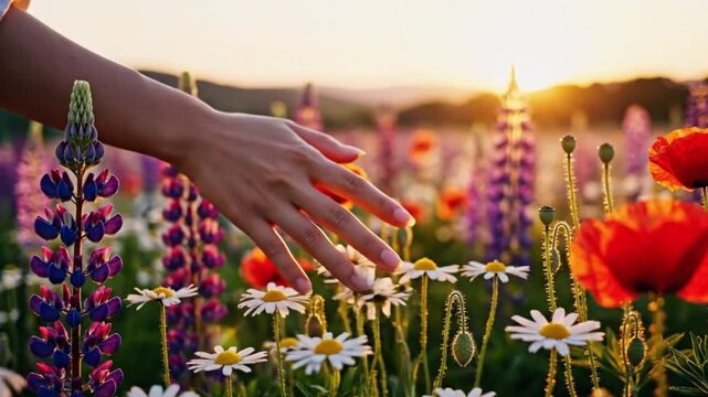 the tranquil beauty of nature as a hand gently brushes vibrant wildflowers at sunset