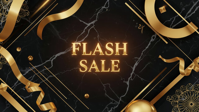 Premium flash sale promotional template with black marble background, golden lines and glowing text perfect for luxury brand advertising and modern online marketing campaigns