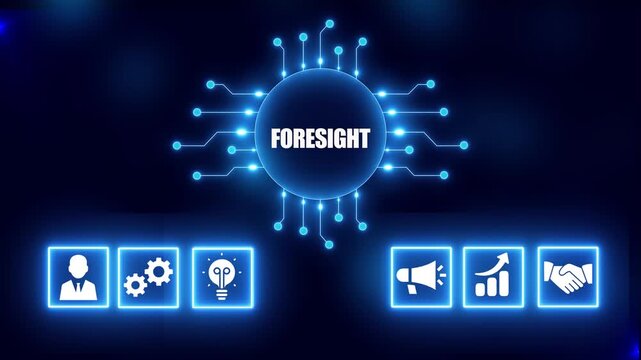 Foresight Concept with Icons and Circuit Board Design on Dark Blue Background vision future