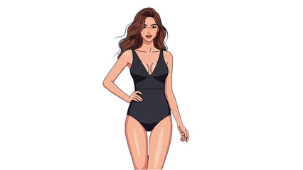 Confident woman models a chic black one-piece swimsuit, embodying summer style, elegance, and modern beachwear fashion