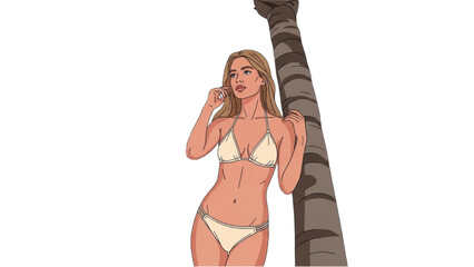 Tropical Beauty Woman in Bikini Relaxing by Palm Tree on Exotic Beach