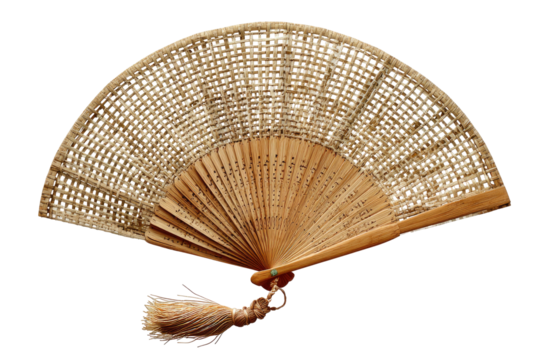 Woven fan with script, and tassel