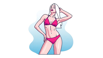 Illustration of an elegant woman in a pink bikini, posing gracefully against a blue backdrop