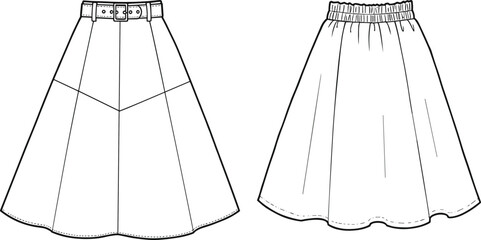 Flared midi skirt CAD flat sketch with waistband and belt detail, vector fashion illustration for apparel design, garment technical drawing