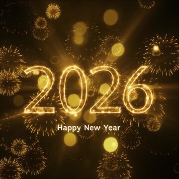 happy, new, year, 2026, golden, fireworks, background, celebration, holiday, blast, light, christmas, december, january, sparkle, shine, bright, party, animation, abstract, event, festival, bokeh, gla