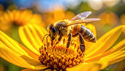Fototapeta premium Detailed Macro View of a Honey Bee Collecting Pollen on a Bright Yellow Flower with Golden Sunlight and Soft Bokeh Blur