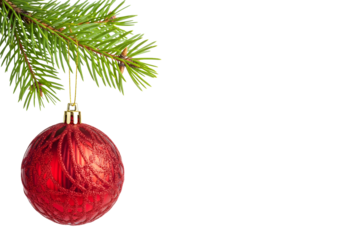 Christmas tree red ornament hanging on for tree branch decoration isolated on white or transparent background