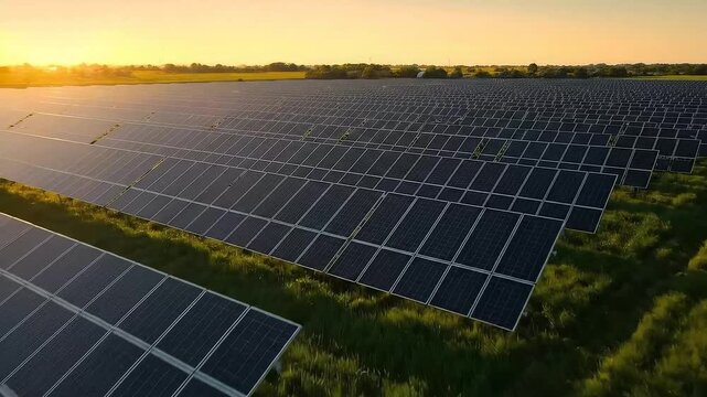 Vast Solar Panel Farm at Sunset with Golden Light Illuminating Green Field Landscape Generates Clean Renewable Energy for Sustainable Future and Provides Visually Stunning Scenic View