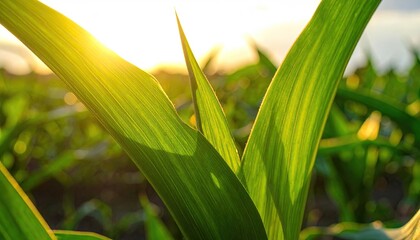 Obraz premium Close Up of Vibrant Green Corn Leaves Backlit by Golden Hour Sunlight with Dew Drops Glistening Creating a Serene Agricultural Scene