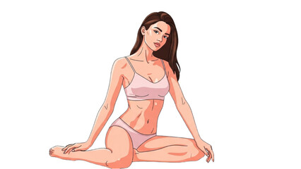 Elegant young woman in delicate pink lingerie sitting gracefully, showcasing beauty, confidence, and serene posture