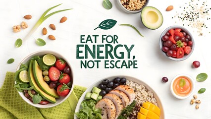 Fototapeta premium Composition of balanced healthy meal with motivational food quote