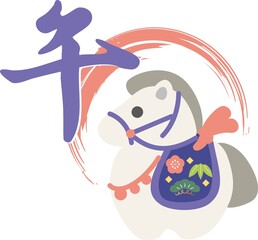 2026　午年 年賀状素材　金色の筆文字「午」と可愛い馬の土鈴　正月　飾り　和風　イラスト素材