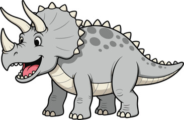 Cartoon triceratops dinosaur, cute prehistoric animal, gray dinosaur illustration, children’s educational design, playful character art, cad drawing flat vector illustration