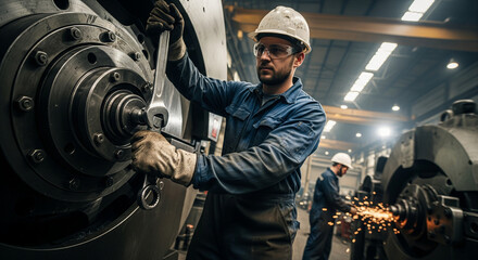Industrial worker in hard hat and safety glasses repairing large machine with wrench