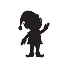 Black Silhouette Of A Festive Christmas Elf Waving On A White Background
