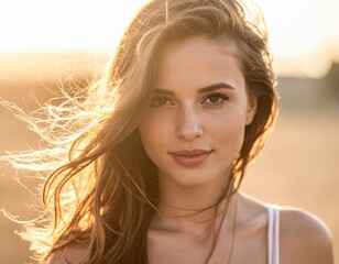 Fototapeta premium Woman's portrait in golden hour sunlight with windblown hair, soft natural light creating warm glow on face, conveying serenity and natural beauty.