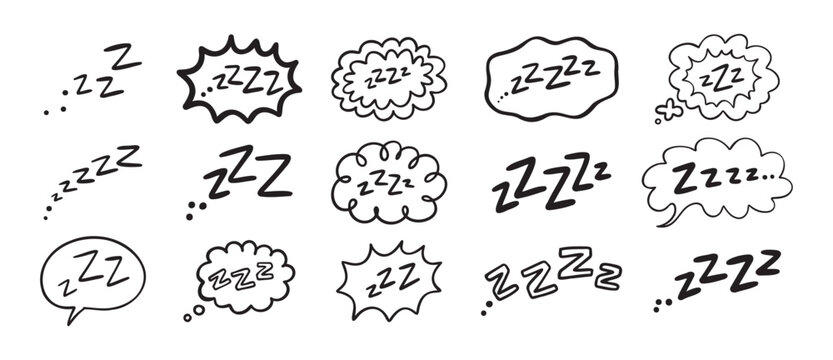 Zzz Zzzz bed sleep snore sound bubble set, snooze nap Z sound icon cloud set. Sleepy Zzz doodle hand drawn line icons
