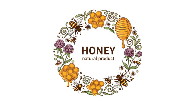 A circular illustration featuring bees, honeycombs, flowers, and the word \ "Honey".