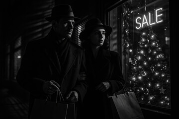 Black and White Couple Shopping in City – Film Noir Style with SALE Window Lights