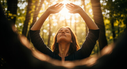 Serene woman raising hands to warm sunlight in a peaceful forest for spiritual wellness.