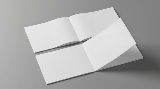 Two open blank white booklets lay angled on a neutral grey surface