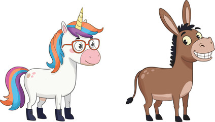 Cartoon unicorn and donkey, funny animal characters, unicorn with glasses, donkey with boots, cute cartoon animals, whimsical illustration, playful fantasy art