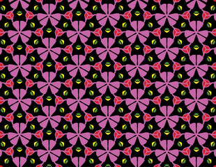 Geometric pattern with pink flowers background - Background floral retro design with fun elements - Party vibe pattern with neo color 