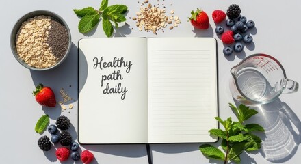 Open notebook with healthy path daily text surrounded by food elements