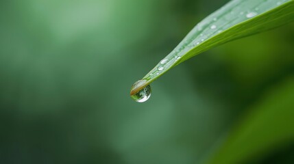 Close-up of dew drop on green leaf in natural setting