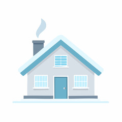 Vector cut illustration of a simple and cozy snow-covered house with a smoking chimney, an isolated element for winter season design