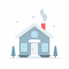 Vector cut illustration of a simple and cozy snow-covered house with a smoking chimney, an isolated element for winter season design