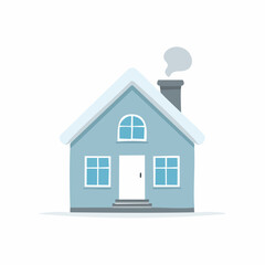 Vector cut illustration of a simple and cozy snow-covered house with a smoking chimney, an isolated element for winter season design