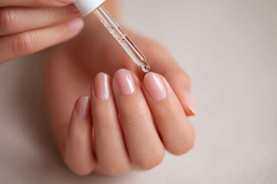 Close-up shot of a hand applying cuticle oil with a dropper, showcasing healthy nails and a soft background, emphasizing nail care and beauty routine