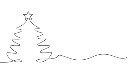 One line continuous drawing of a minimalist Christmas tree with a star on top, isolated on a white background