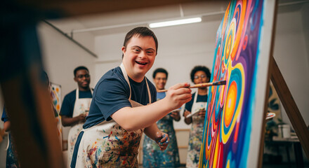 Joyful young man with Down syndrome painting vibrant art in an inclusive studio