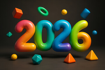 Vibrant, inflatable numbers "2026" float amidst colorful geometric shapes against a dark background, creating a festive and futuristic visual.