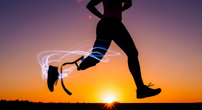 Energetic amputee runner with glowing prosthetic leg in motion at stunning sunset