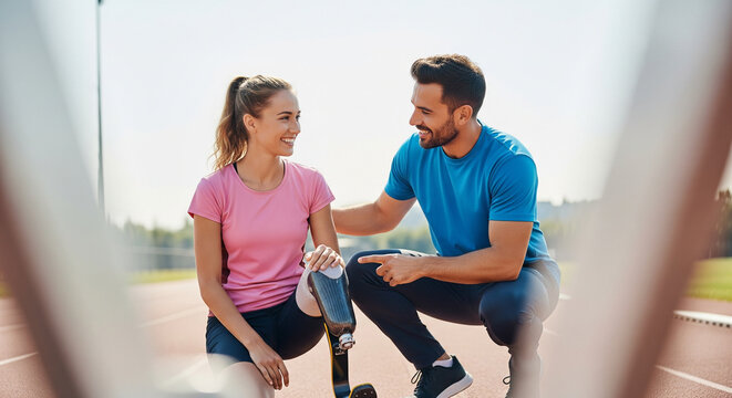 Smiling woman with prosthetic running leg and man on track, sharing a moment of encouragement.